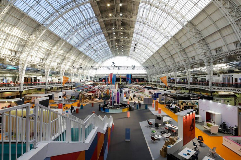 view of the exhibition floor and stands at 100% Design trade show