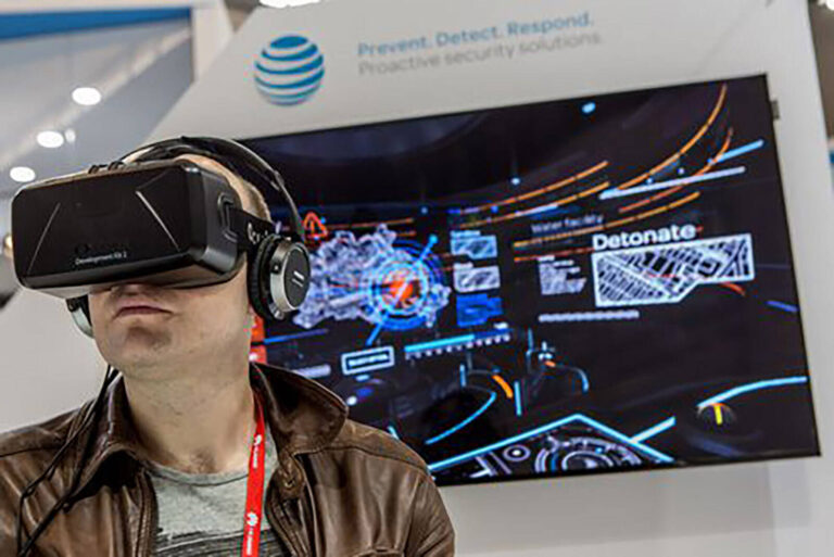 man wearing virtual reality goggles at AT&T Secret Agent Virtual Reality Experience by George P. Johnson