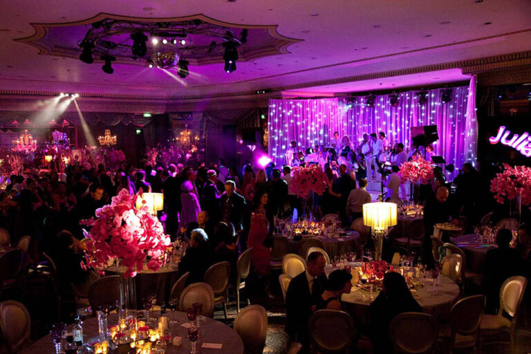 guests at dinner tables watching a band on stage in the ballroom of The Dorchester Hotel set up for a Bat Mitzvah event