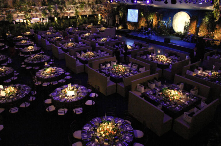 view of dining tables at British Red Cross London Ball Secret Garden theme fundraising event