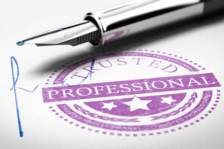 certification stamp, pen, and signature