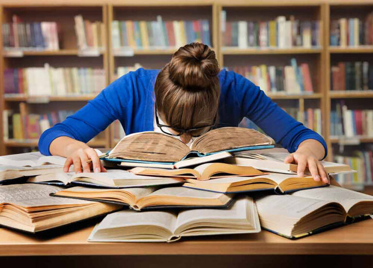 student with head planted in a stack of books
