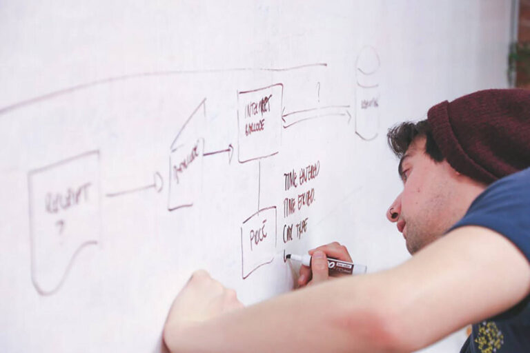 man writing on a white board