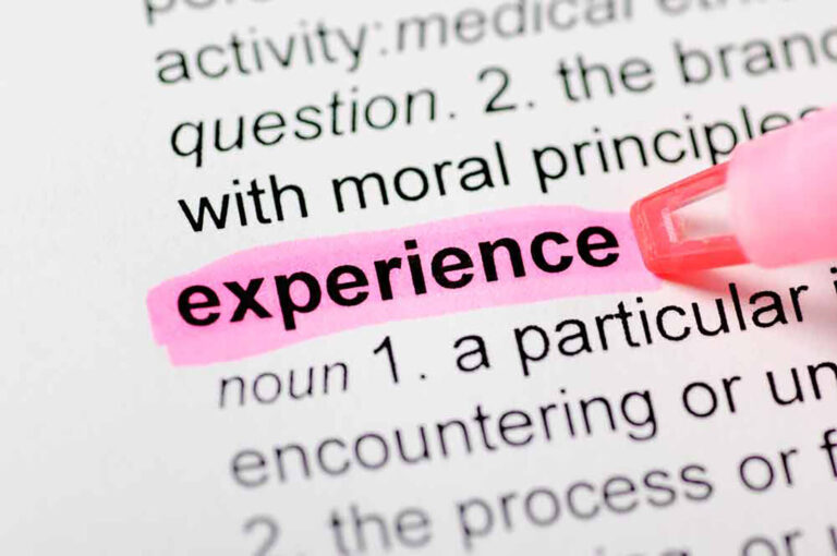 definition of experience with the word experience highlighted in pink with a highlighter pen