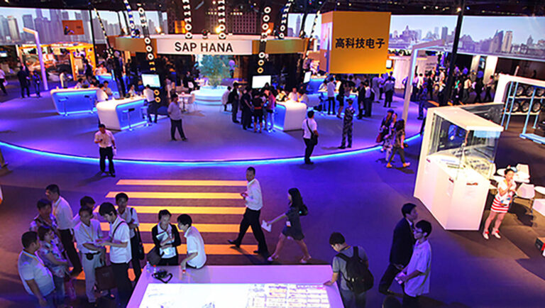 trade show stands at Innovation City at Mobile World Congress