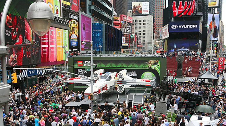 life size Lego X wing fighter at the LEGO Star Wars experiential marketing event in Times Square