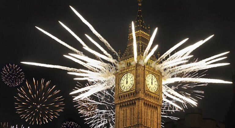 Fireworks over Big Ben at New Year's Eve celebration public event, London
