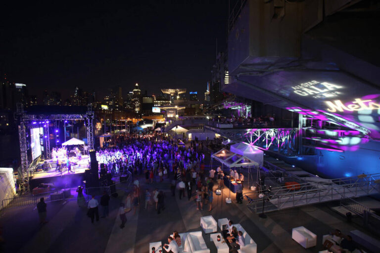 nighttime exterior shot of crowds at Major League Baseball All Stars Gala event