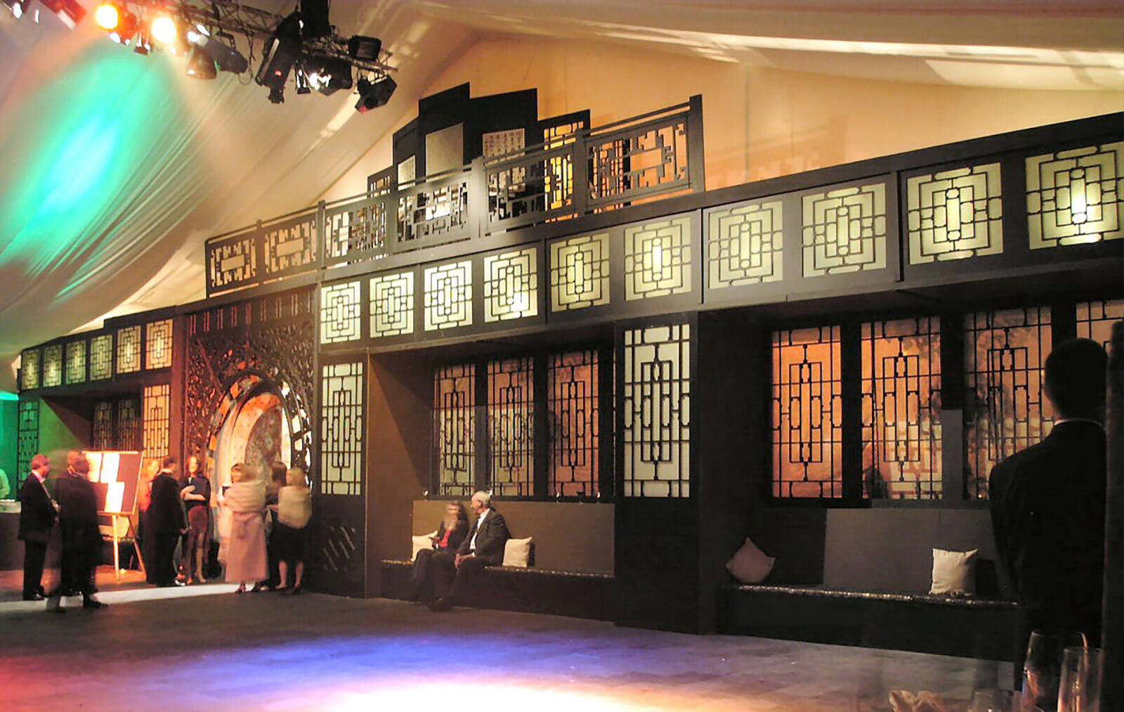 Chinese tent interiors for Elton John's Chinese-themed White Tie & Tiara Ball produced by Matt James of Leftfield Productions
