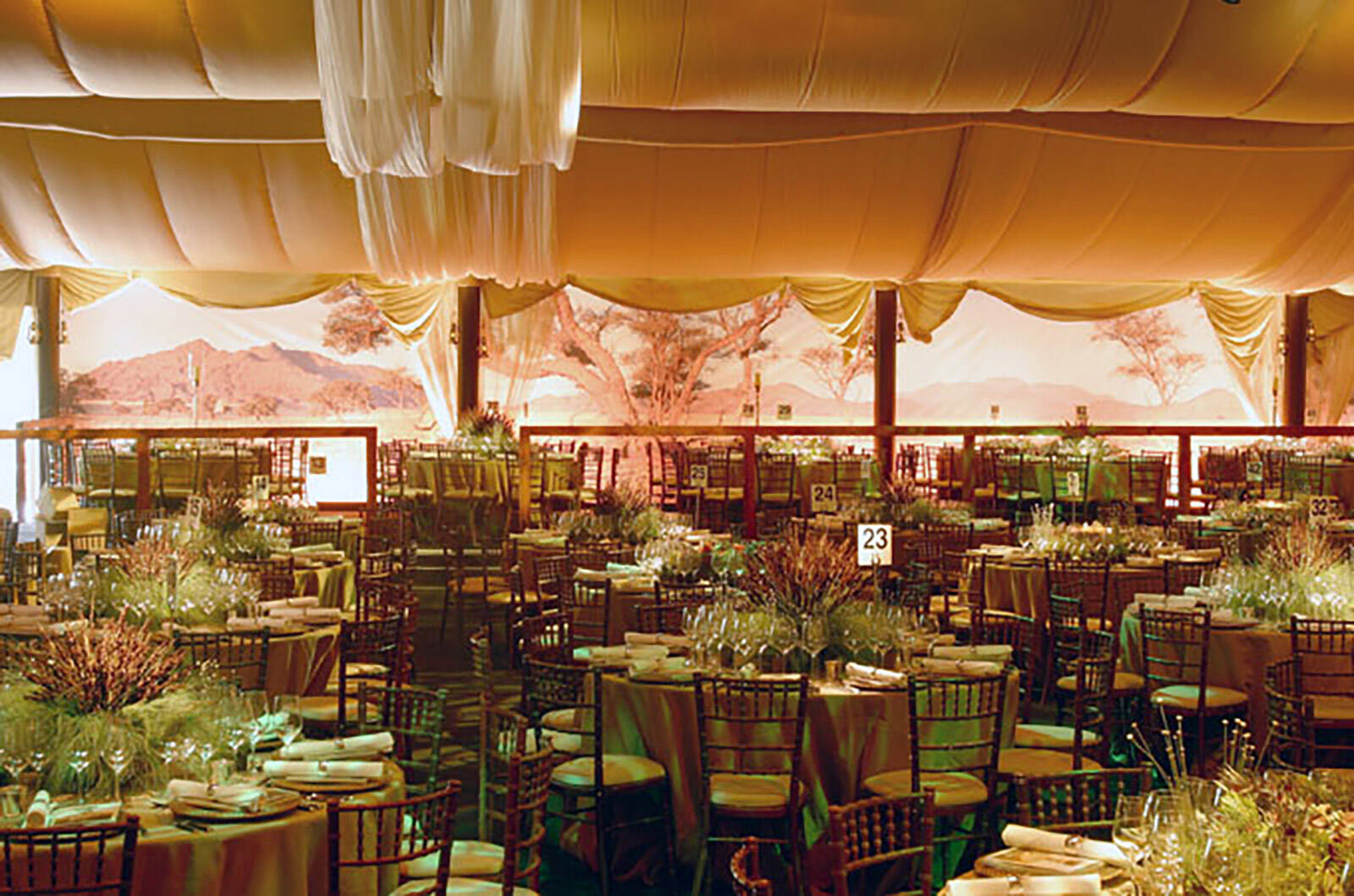 African tent interiors for Elton John's African-themed White Tie & Tiara Ball produced by Matt James of Leftfield Productions