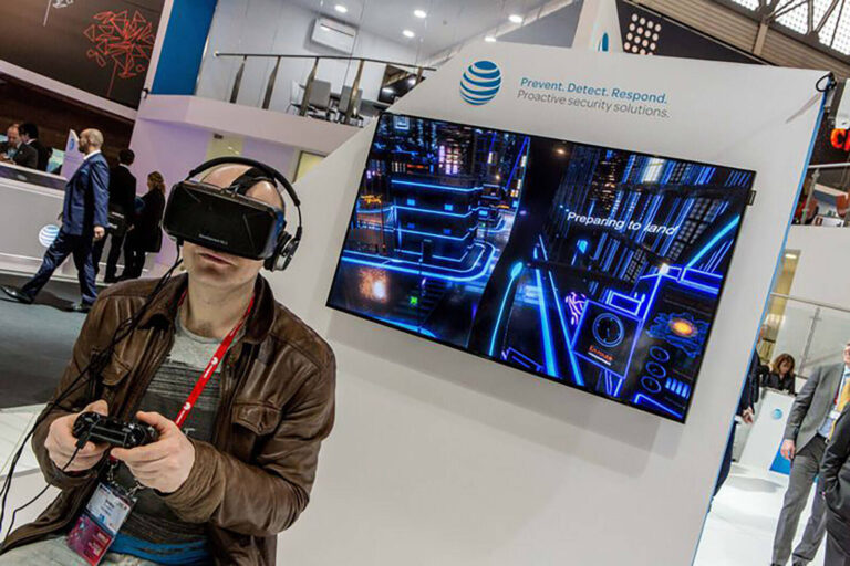 man wearing virtual reality headset at mobile world congress