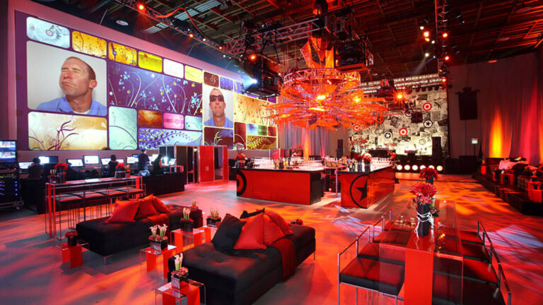 interior of Target Converse product launch venue with bar, sofas, and stage area