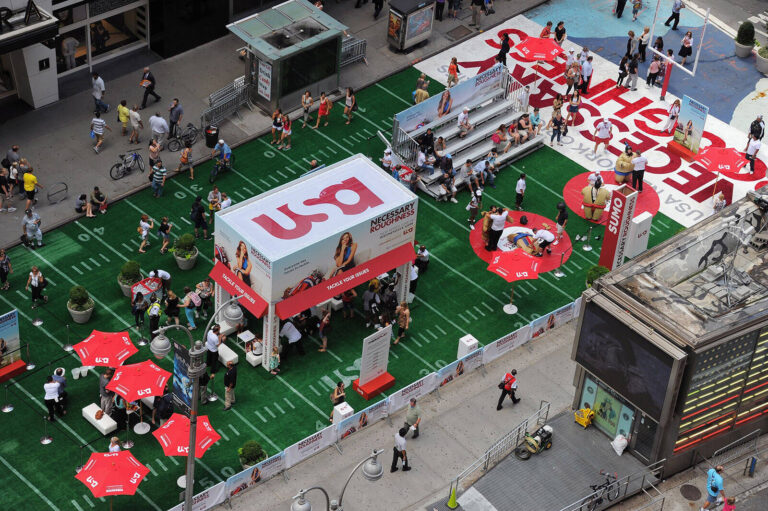 ariel view of Times Square takeover for USA Network's Necessary Roughness