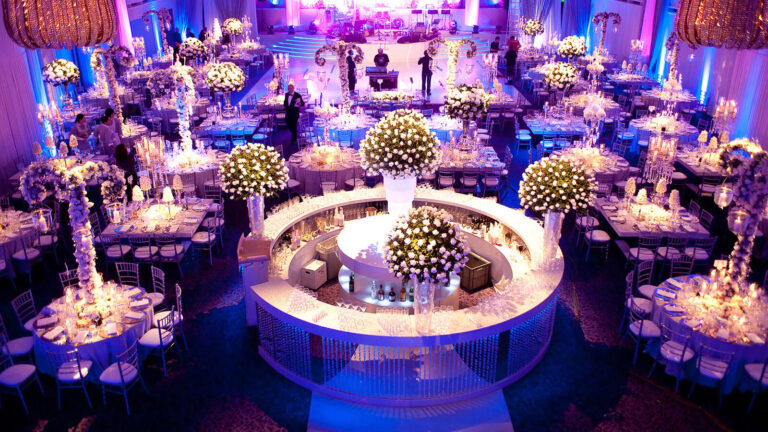 dinner tables and a bar set up for a wedding at JW Marriot Grosvenor House hotel London