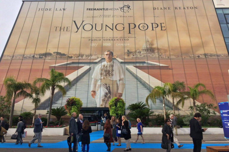 huge advertising billboard for The Young Pope by FremantleMedia at MIPCOM, Cannes, France